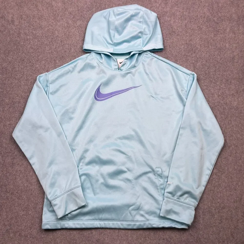 Nike Therma-Fit Hoodie Girls Large Blue‎ Swoosh Long Sleeve Pullover Sweatshirt